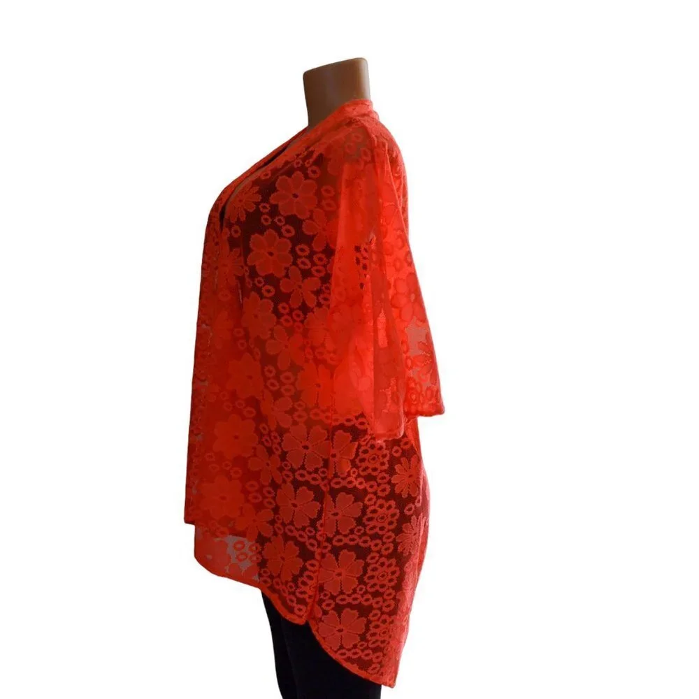 LuLaRoe Lindsay Kimono Neon Orange Floral Lace, Light Cover Up Halloween Fall - Picture 6 of 8
